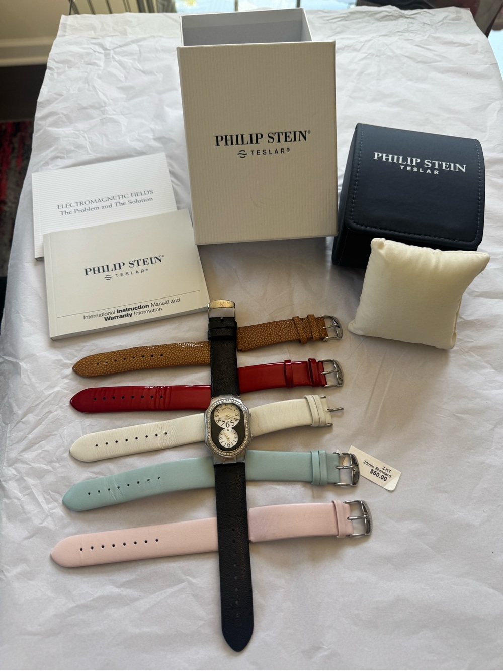 Philip Stein Large Diamond Dual Time Watch Bundle. 1.16ct + 6 Straps